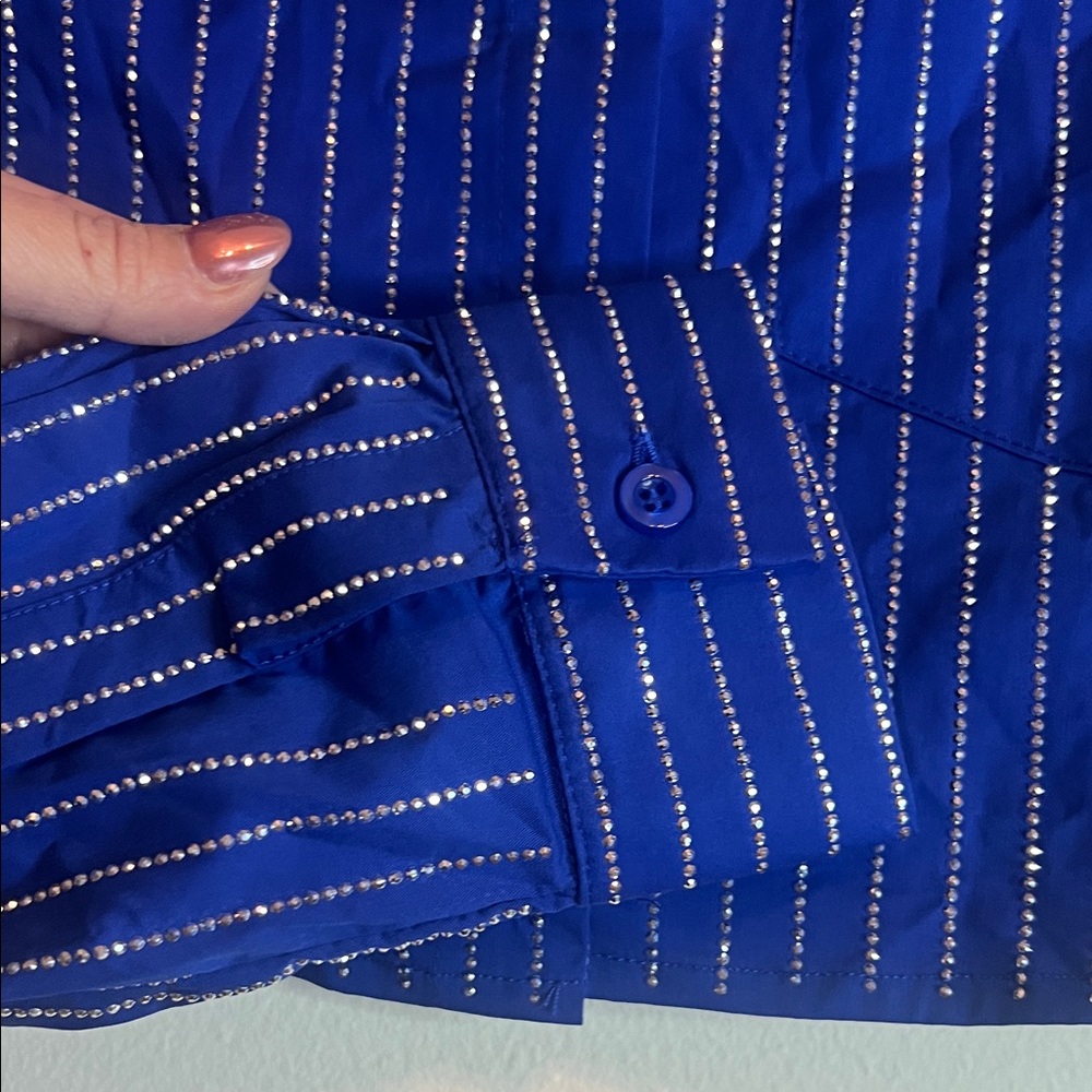 Blue Sparkle Cropped Button Down Top - image 6
